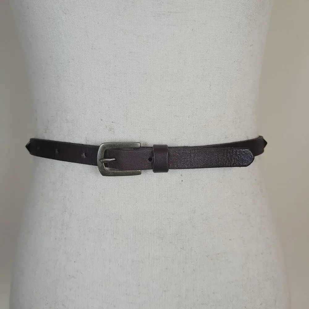 Brown Leather Belt Womens Medium Skinny Studded Brass Buckle Rock‎ Goth Punk